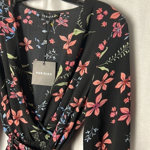 Parisian romper size 6 .black,floral multicolor long sleeve,  faux wrap,surplice - Picture 2 of 15